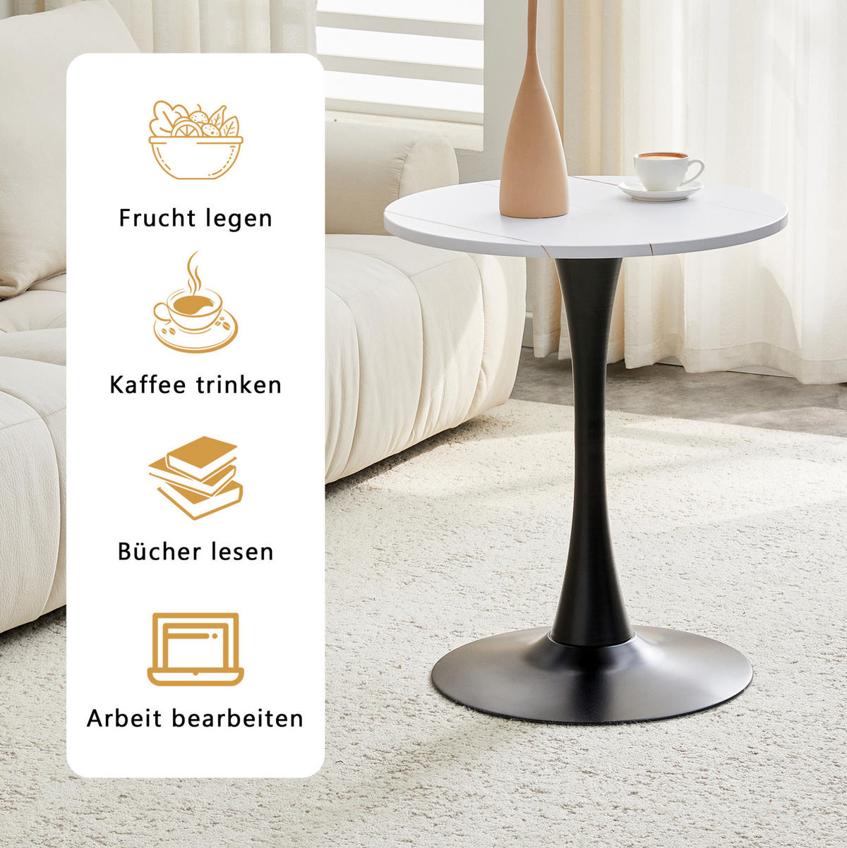 BEISTELLTISCH aus MDF und Metall 60x60x72 cm Weiß/Schwarz mit thermoformierter Tischplatte und standfestem Mittelfuß - Weiß, Holzwerkstoff (60/60/72cm) - Modfu