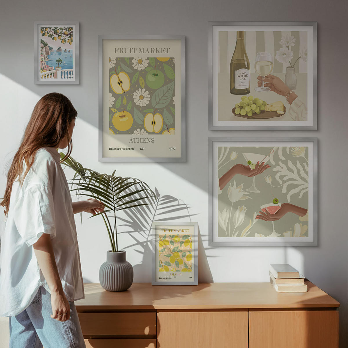WANDBILDER 5er Set - 50x50 cm & 20x30 cm & 40x60 cm Silberner Rahmen - Vintage-Poster mit Fruchtmustern - Silberfarben, Kunststoff (40/60cm) - ArtPrintCave