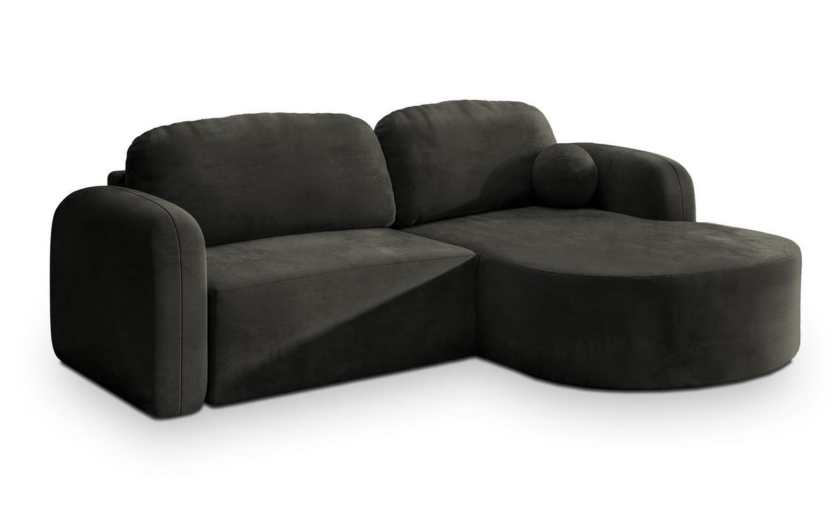 ECKSOFA AMILIA M R-S Schwarz Velours-Stoff mit Schlaffunktion - Schwarz, Holz (263/174cm) - MASSENO