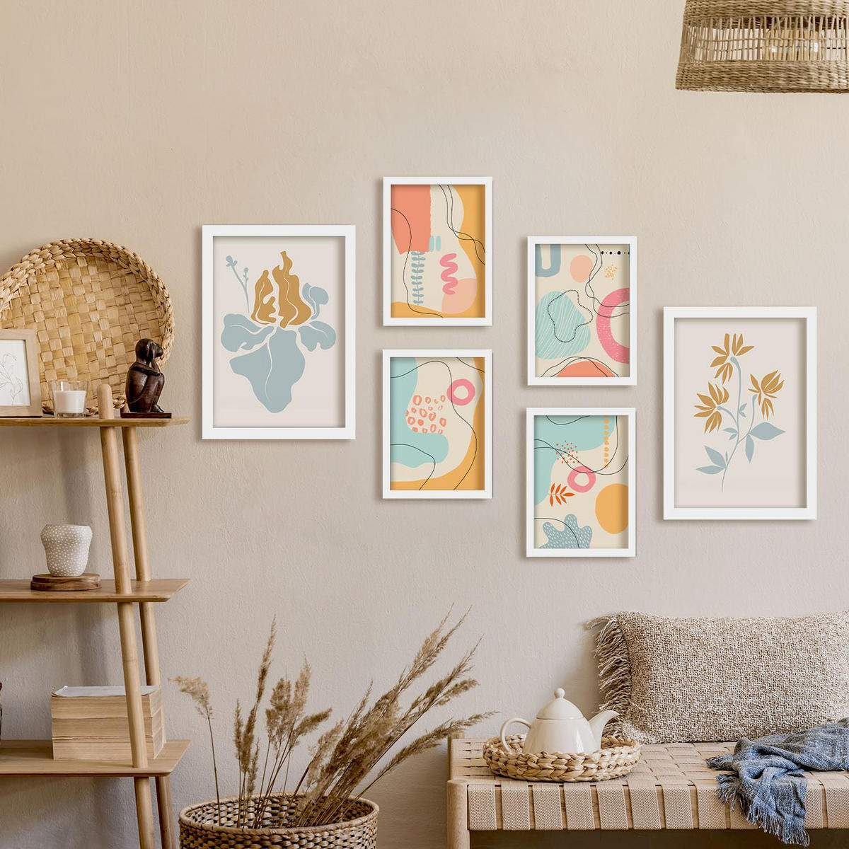 POSTER Set Mit 6 Ethikstile 2 In Blume Zusammenfassung Ästhetische Dekorative Gemälde Für Ihr Wohnzimmer, Schlafzimmer, Zuhause A3 & A4 Weißer Rahmen - Weiß, Papier (29/3cm) - Nacnic