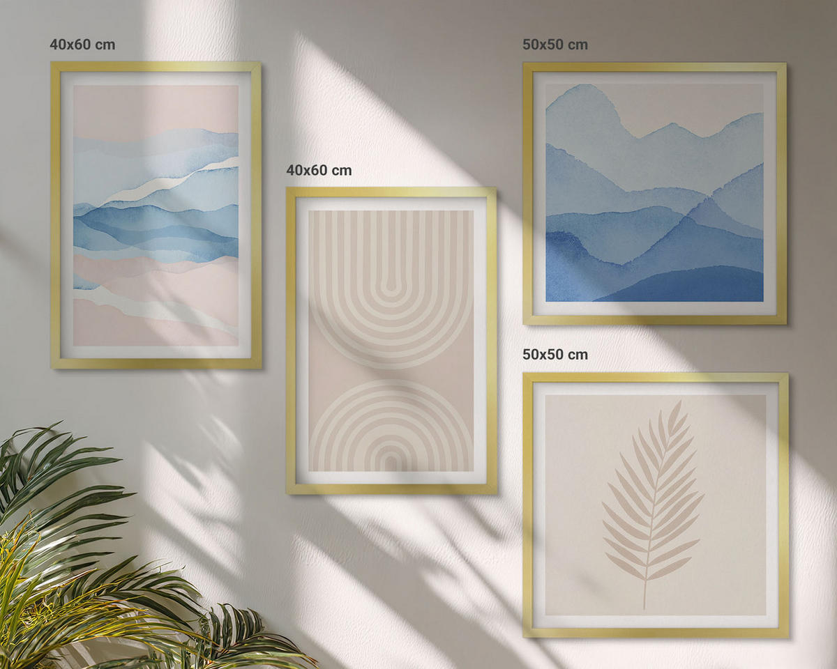 WANDBILDER 4er Set - 50x50 cm & 40x60 cm Goldrahmen - Blätterwellen beige blau - Goldfarben, Kunststoff (50/50cm) - ArtPrintCave