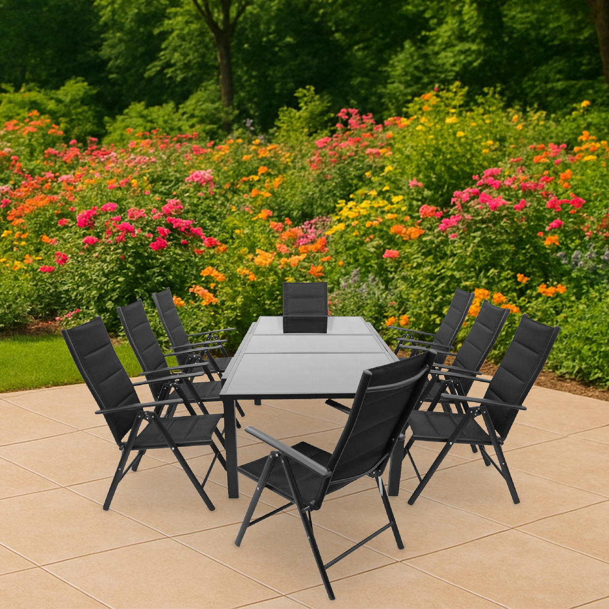 GARTEN-GARNITUR Ashford - 9-teilige Garten-Essgruppe (8x Klappsessel, Aluminium dunkelgrau + Textilgewebe gepolstert schwarz - Schwarz, Metall - TPFGarden