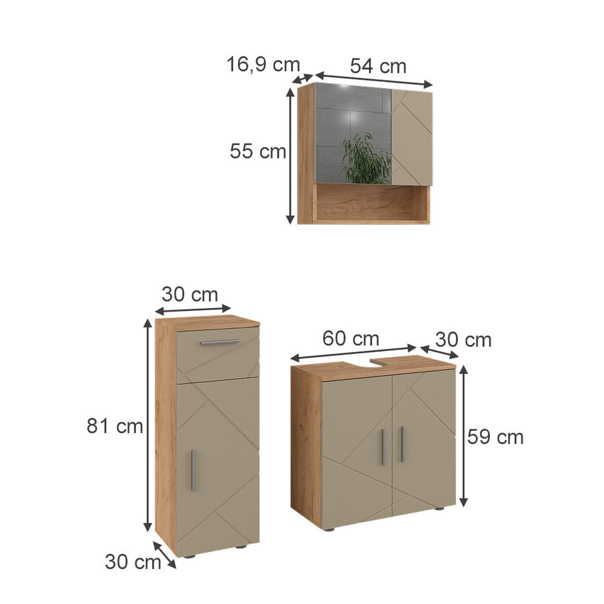 BADMÖBEL-SET Irma Beige 3 Teile - Honigeiche/Beige, Holzwerkstoff (60/59/30cm) - Vicco