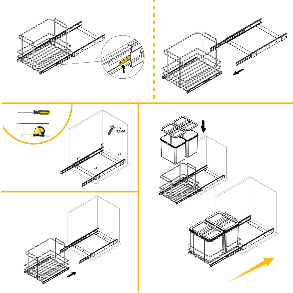 RECYCLINGBEHÄLTER für die Küche, 2 x 16 L, Bodenbefestigung und Handauszug, Anthrazitgrauer Kunststoff - Anthrazit, Metall (34/38/46.4cm) - EMUCA
