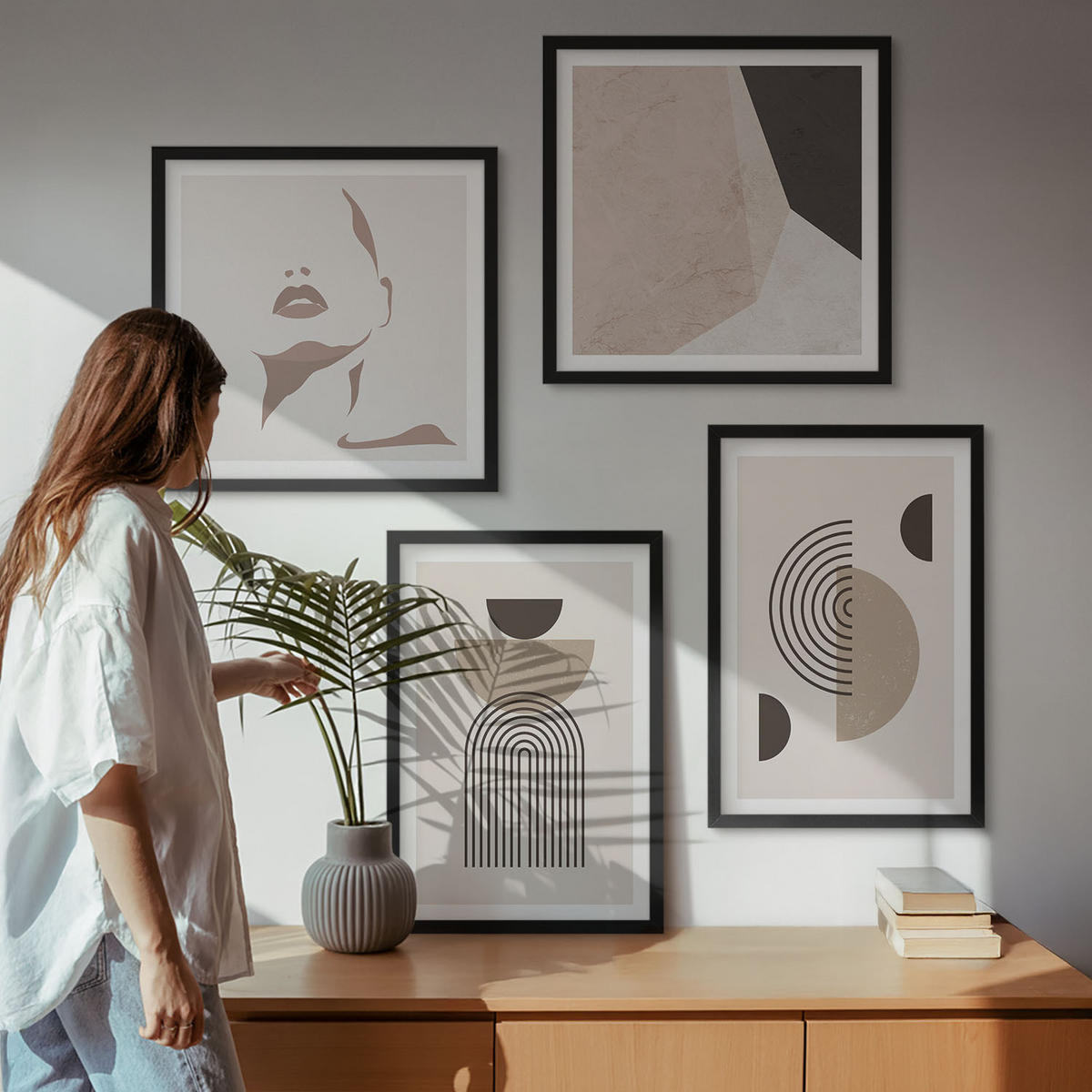BILDER SET 4er Set - 50x50 cm & 40x60 cm Schwarzer Rahmen - Abstrakte Gesichtsformen - Schwarz, Kunststoff (50/50cm) - TULUP