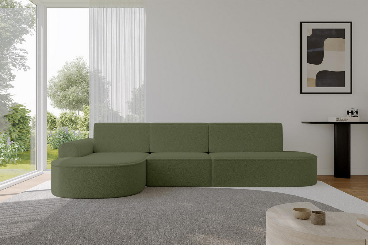 ECKSOFA mit Schlaffunktion Ottomane Links MARI L2-S 368X167X85 Grün Bouclé - Schwarz/Grün, Holzwerkstoff/Kunststoff (368/167cm) - ALTDECOR