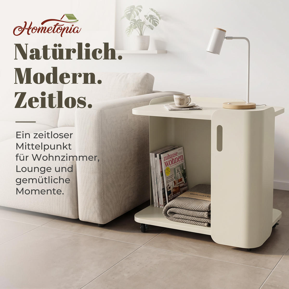 BEISTELLTISCH Metall mit Rollen | B60 x T40 x H60 cm - Beige, Metall (40/60/60cm) - Hometopia