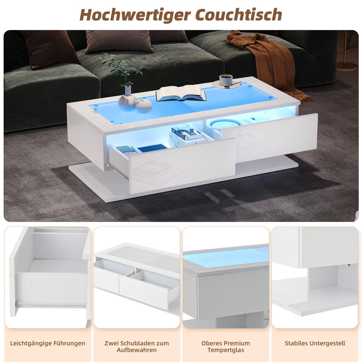 COUCHTISCH DE-103 LED-Glas Weiß - Weiß, Holzwerkstoff (50/100/35cm) - ComfortXL