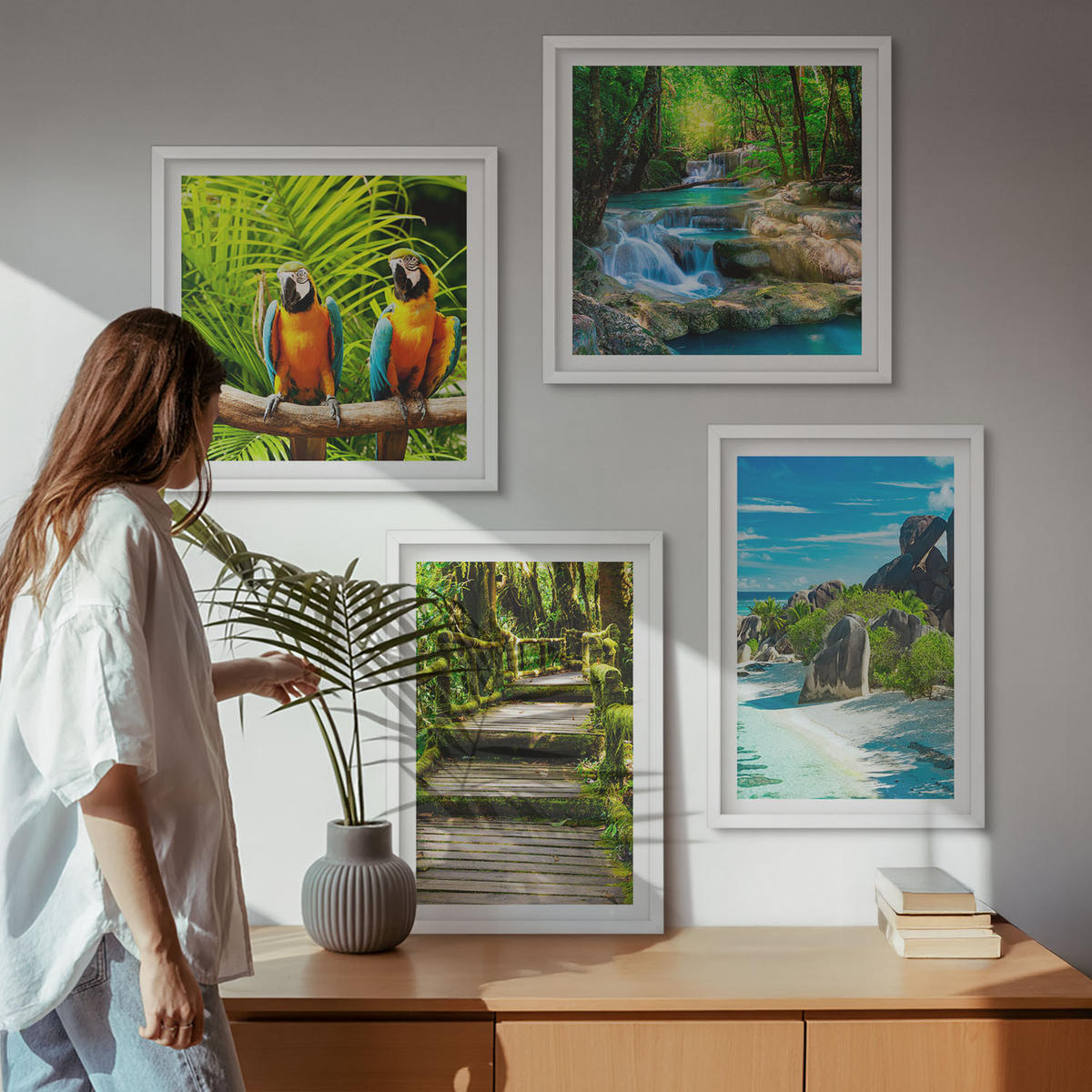 WANDBILDER 4er-Set - 50x50 cm & 40x60 cm Weißer Rahmen - Tropischer Wald Papageienwasserfall - Weiß, Kunststoff (50/50cm) - ArtPrintCave