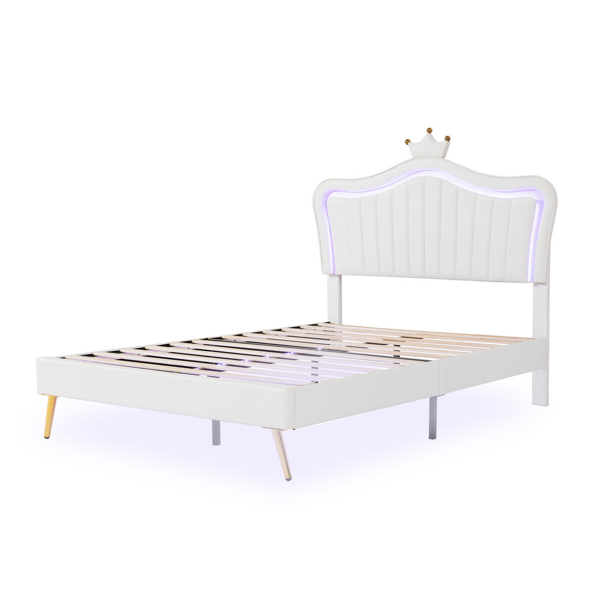 KINDER-POLSTERBETT aus Kunstleder 140x200 cm Weiß mit LED-Beleuchtung und verstellbarem Kopfteil - Weiß, Leder (140/200cm) - IVMEU