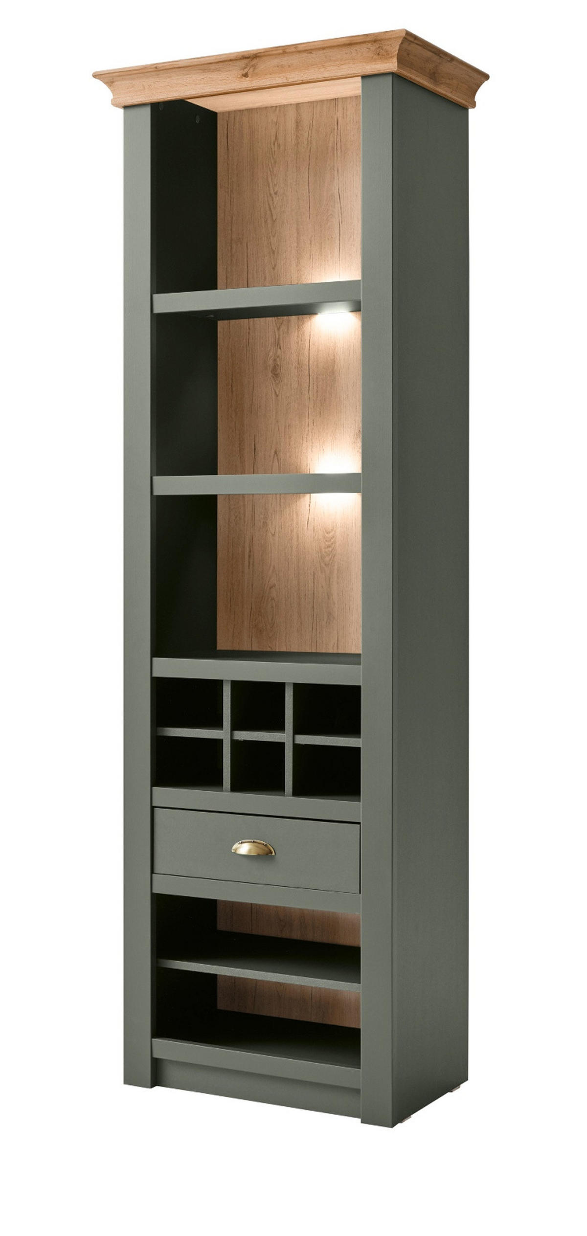 REGAL grün, Wotan Eiche Landhaus, Regalschrank mit Weinregal - Dunkelgrün/Messingfarben, Holzwerkstoff/Metall (68/207/45cm) - Furn.Design