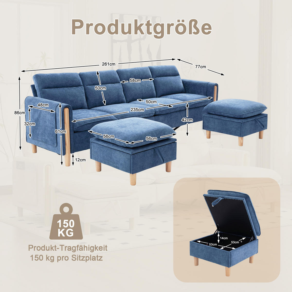 WOHNLANDSCHAFT DE-33935 modular mit Stauraumhockern Blau - Blau, Holz (77/86/261cm) - ComfortXL