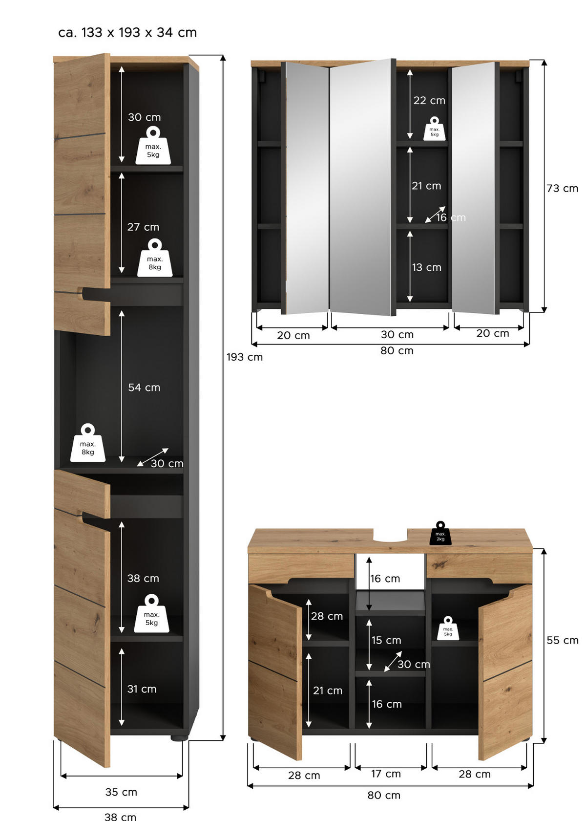 BADMÖBEL-SET Eiche, grau 3-teilig 133 cm, Komplettset mit Soft-Close - Schwarz/Eiche Artisan, Glas/Holzwerkstoff (133/193/34cm) - Inn.Furn