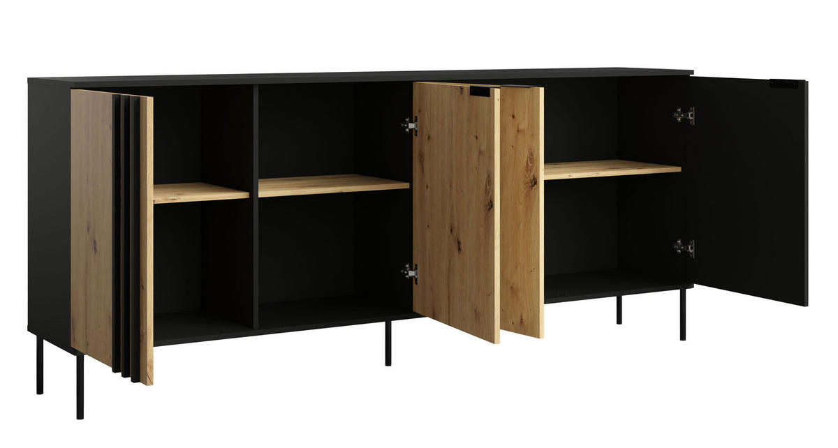 SIDEBOARD Rodgau Schwarz / Eiche Artisan 220 / 40 / 92cm - Multicolor/Schwarz, Holz/Holzwerkstoff (220/92/40cm) - Feldmann-Wohnen