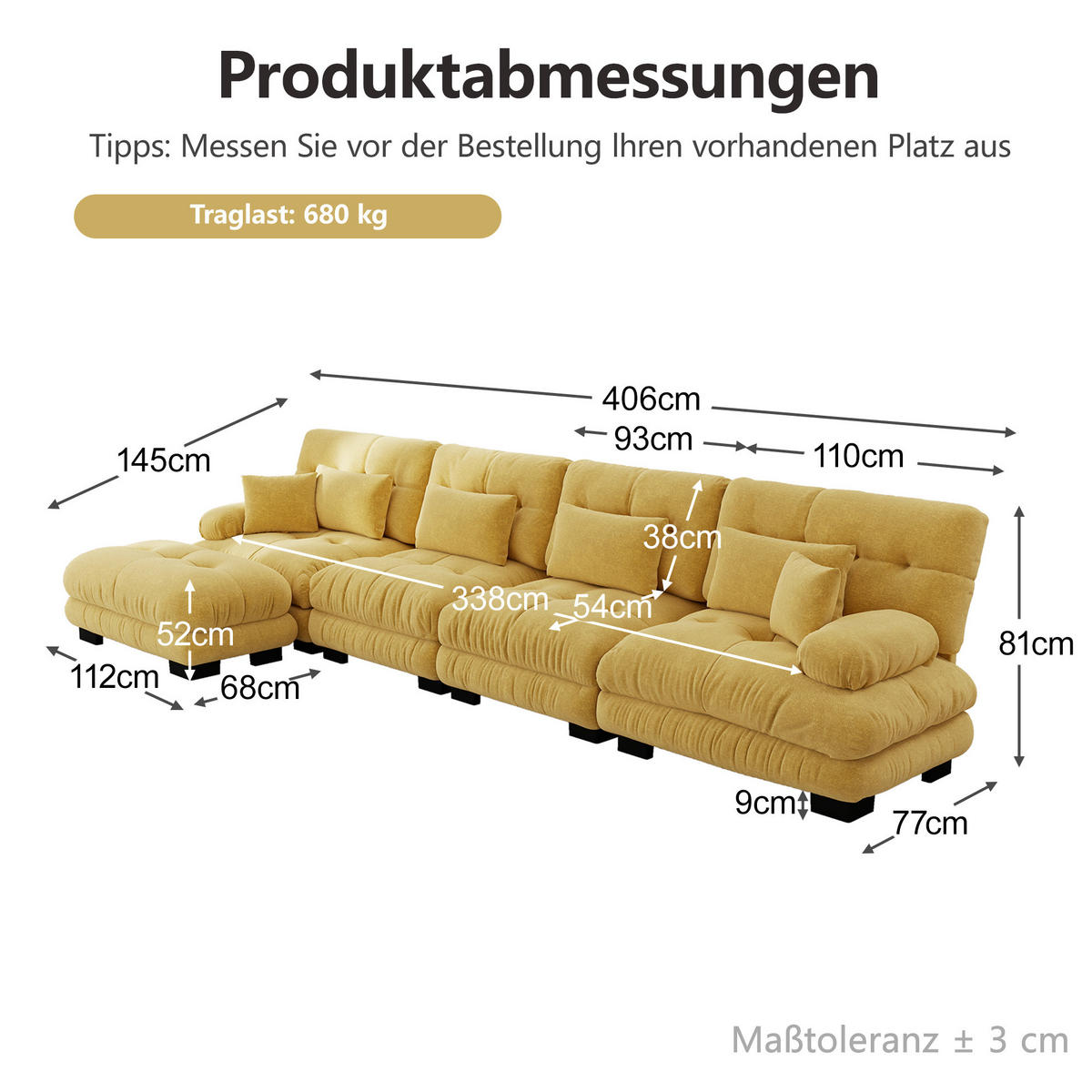 ROHOVÁ sedačka v tvare L zo žltej ženilkovej látky, 406 cm - žltá, textil (145/406cm) - Flora Grace