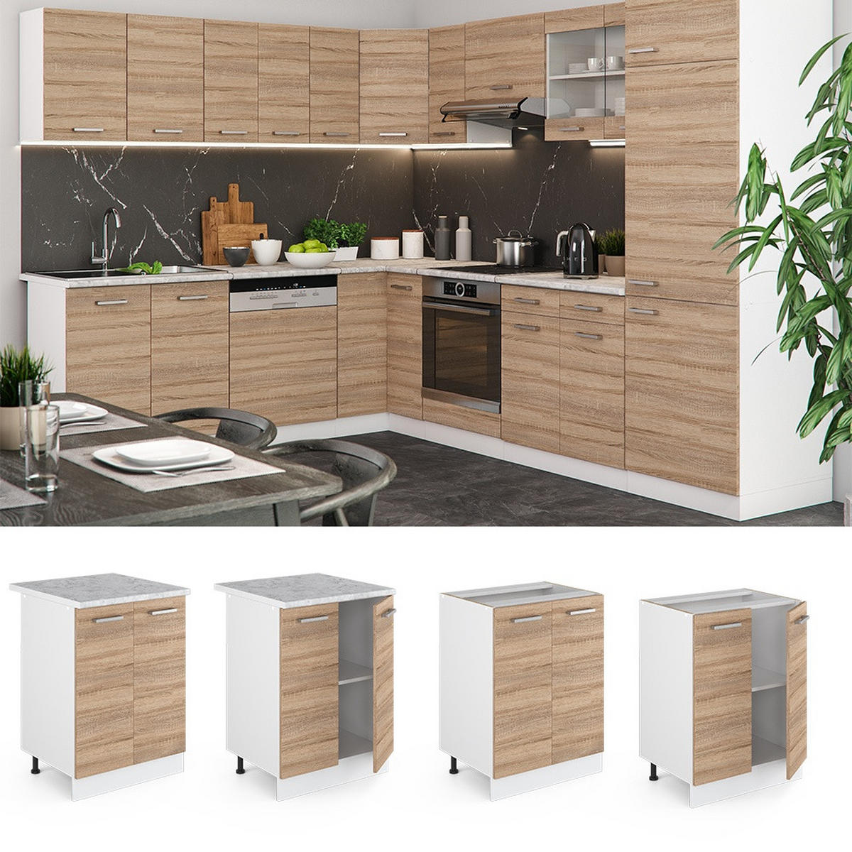 KUCHYNSKÁ SPODNÁ SKRINKA R-Line Sonoma 60 cm s pracovnou doskou - biela/dub sonoma, kompozitné drevo (60/81.6/60cm) - Vicco