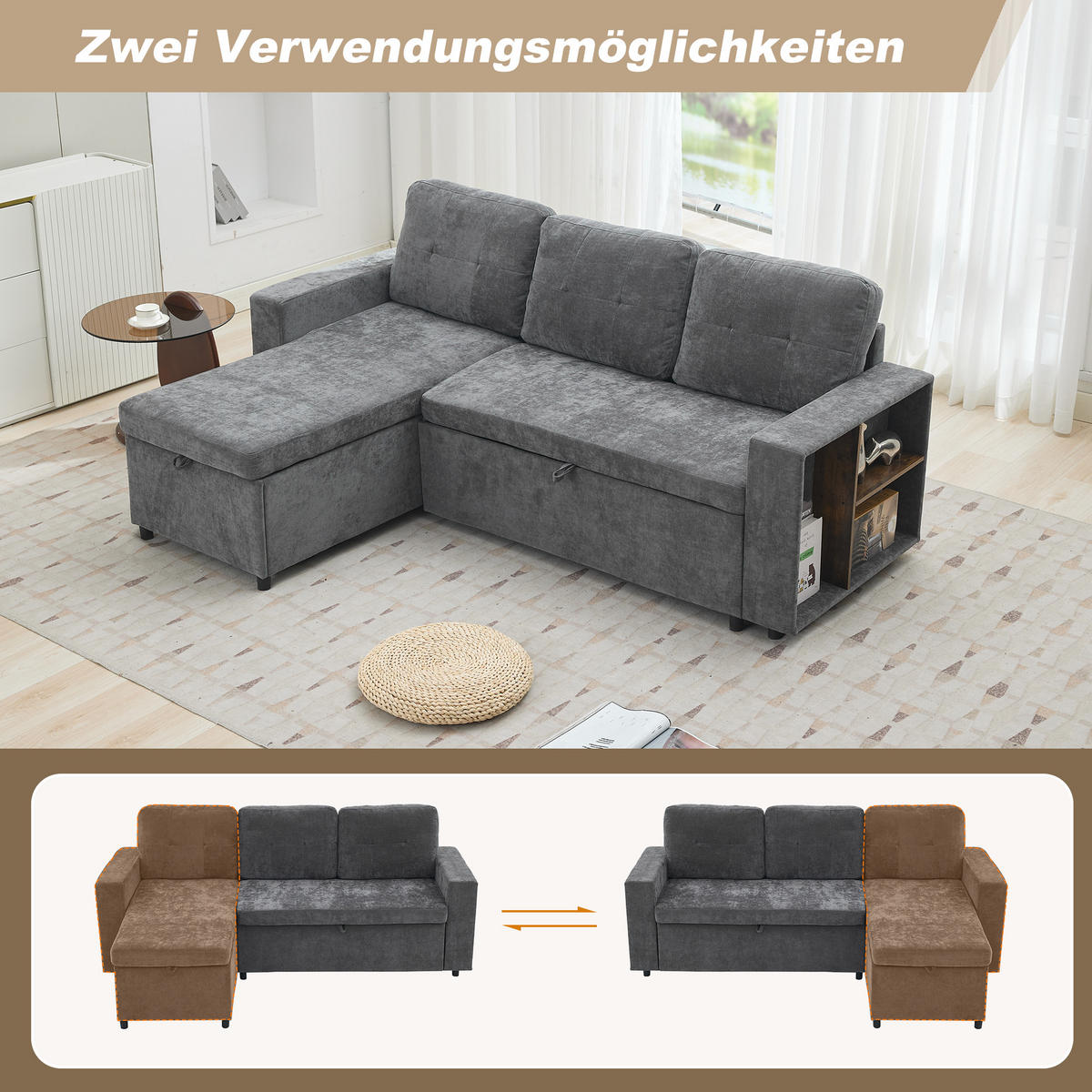 3-SITZER mit Stauraum, wechselbarer Chaiselongue und Chenille in Grau - Grau, Textil (202/85/136cm) - EVRYAE