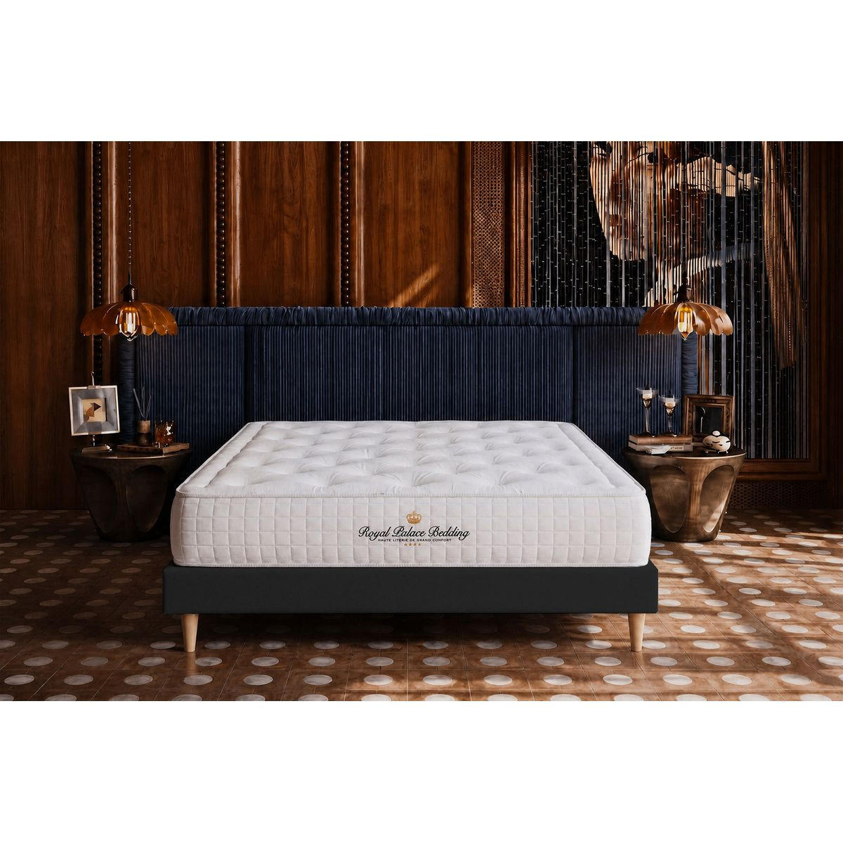 BETT Buckingham Memory-Schaum 140 x 220 cm h1 - Kit Bettgestell Schwarz - Beige/Schwarz, Karton/Holz (140/220cm) - ROYAL PALACE BEDDING