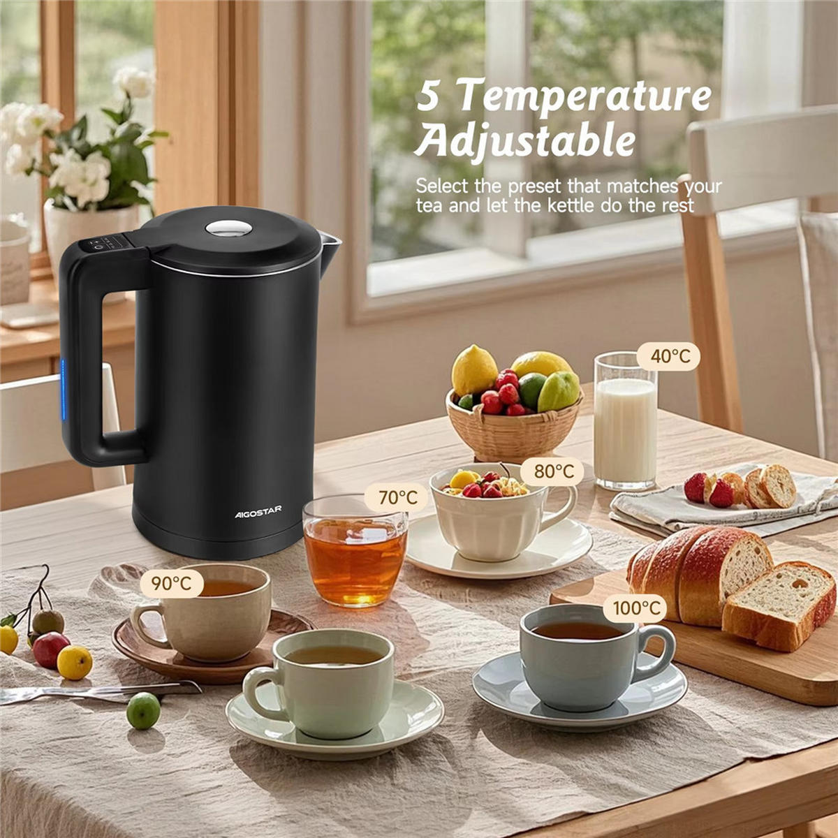 WASSERKOCHER Smart 1,7L WiFi Temperatur 40–100°C Edelstahl Schwarz - Schwarz, Metall (1/1/1cm) - Kaket