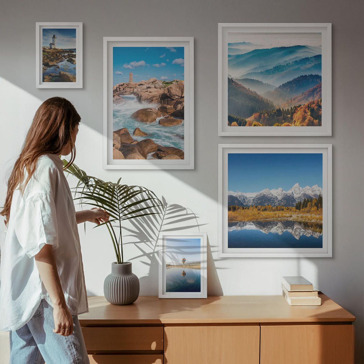 WANDBILDER 5er-Set - 50x50 cm & 20x30 cm & 40x60 cm Weißer Rahmen - Ausblicke auf die Natur, Leuchtturm, Berge - Weiß, Kunststoff (40/60cm) - ArtPrintCave