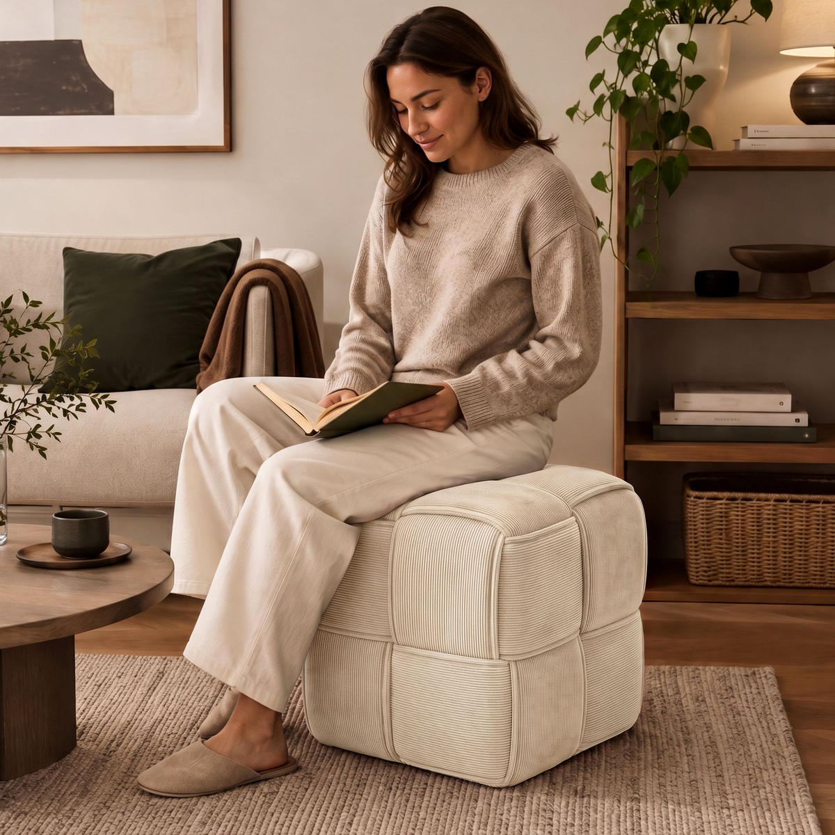 SITZWÜRFEL eckig 40/40/40 cm Cord Creme - Creme, Kunststoff/Textil (40/40/40cm) - CLP