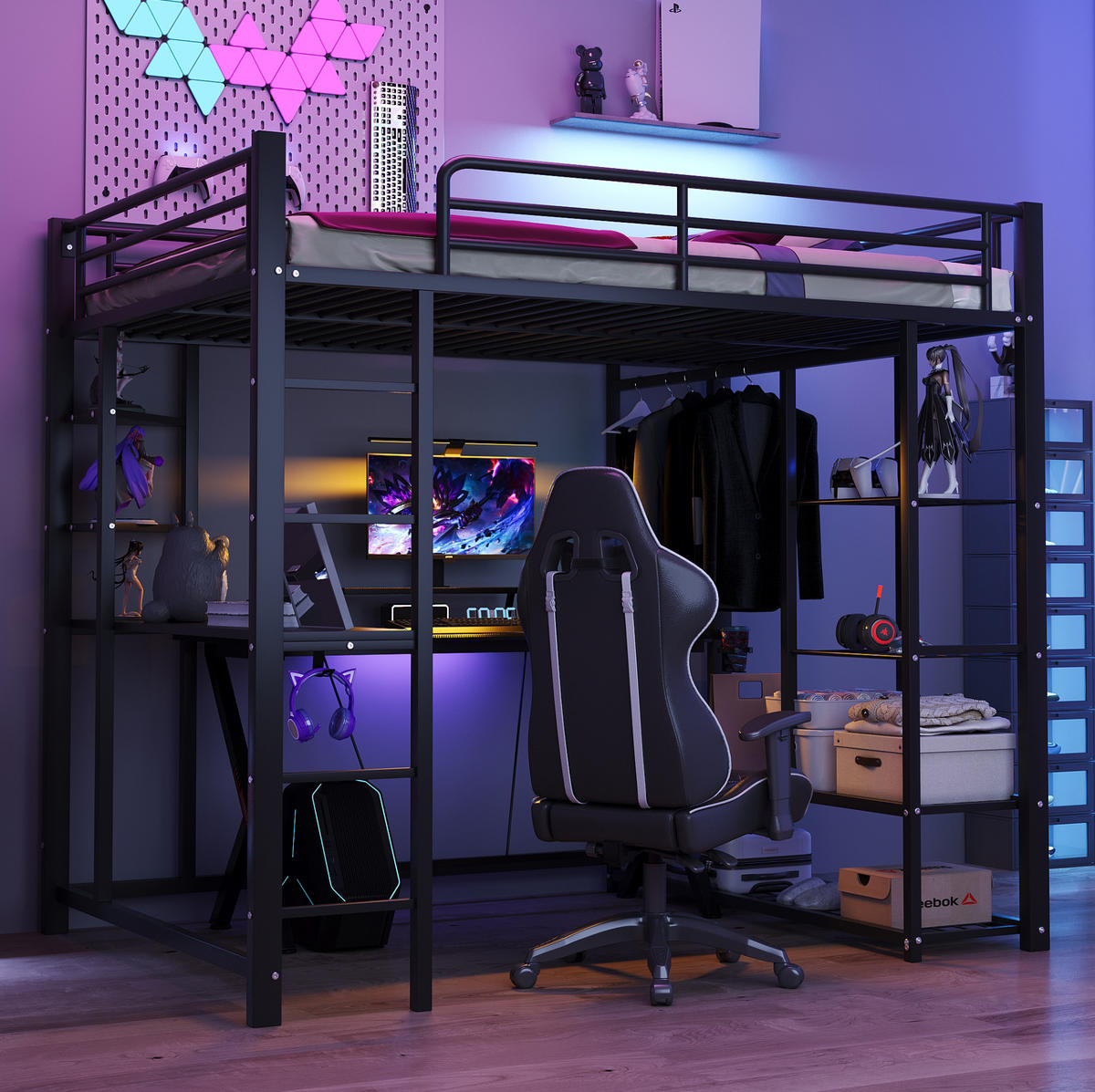 HOCHBETT 140/200 cm Schwarz aus Metall und MDF mit Schreibtisch und Kleiderstange - Schwarz, Metall (140/200cm) - OKMYHOME