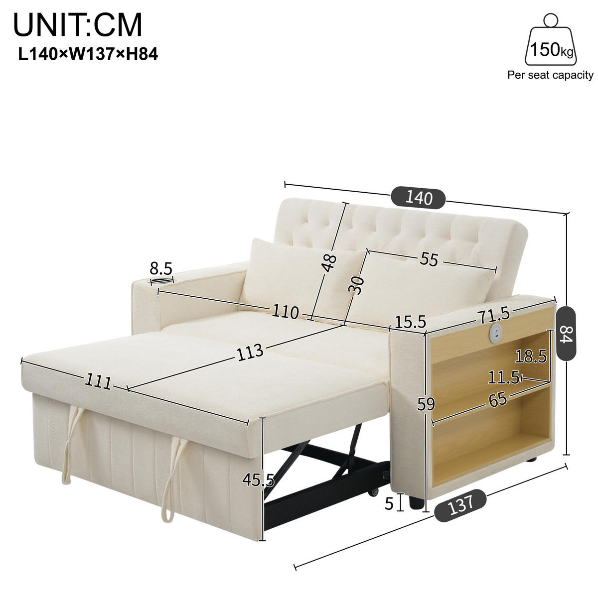 SCHLAFSOFA, Chenille mit Schlaffunktion & USB-Anschluss, 140/137/84 cm, Beige, inkl. 2 Kissen - Beige, Textil (137/84/140cm) - Redom