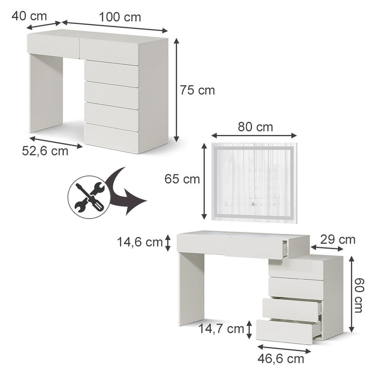 SCHMINKTISCH Alvia, Weiß, 100 cm mit LED-Spiegel - Weiß, Holzwerkstoff (100/75/40cm) - Vicco