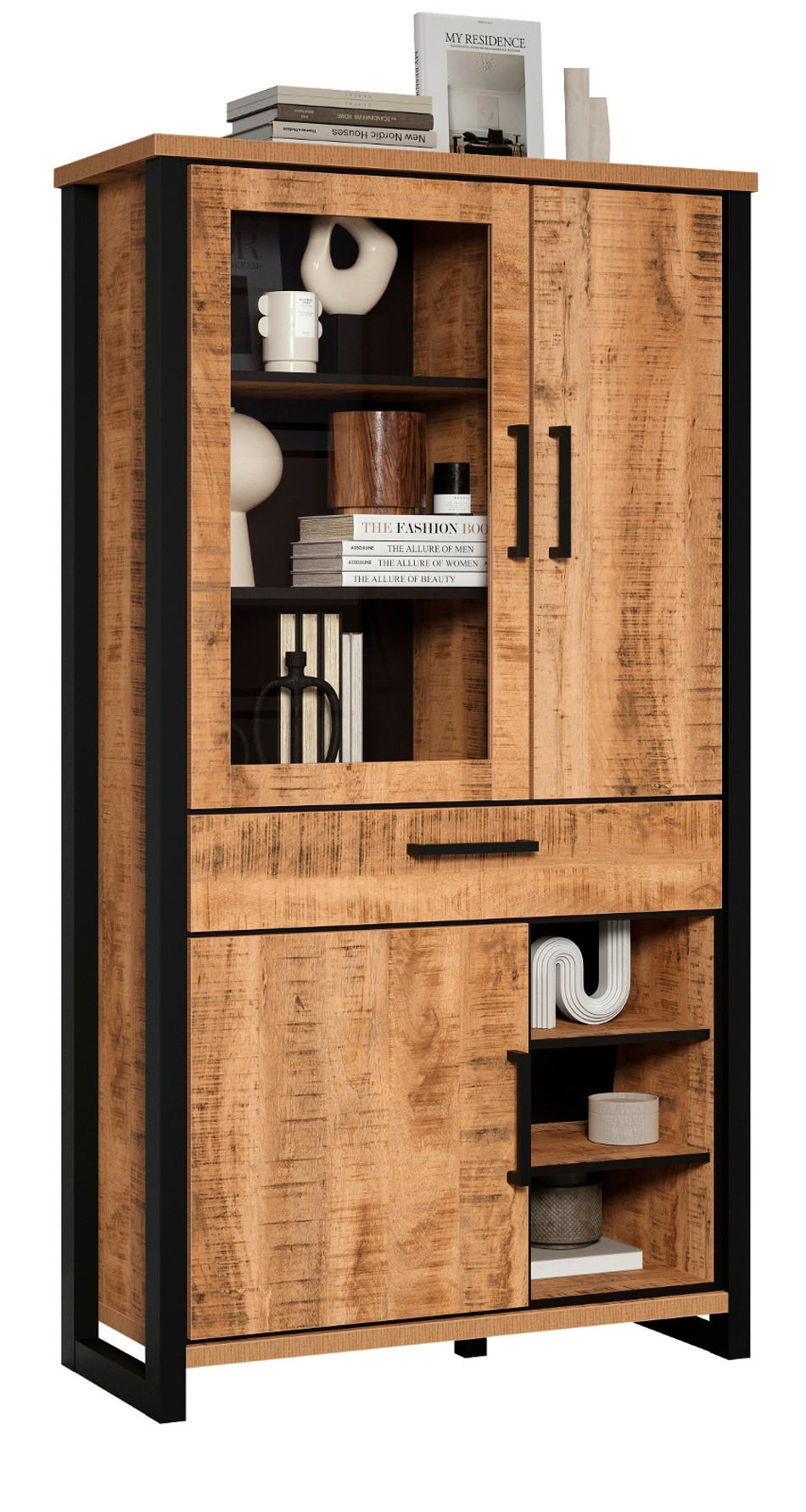 VITRINE Mango, schwarz 106 x 195 cm, Vitrinenschrank für Wohn- und Esszimmer - Schwarz/Naturfarben, Glas/Holzwerkstoff (106/195/45cm) - Top.Furn