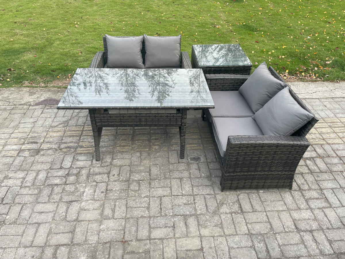 GARTENMÖBELSET mit 2-Sitzer Sofa,Esstisch,Hocker Polyrattan Dunkelgrau 4-Sitzer - Dunkelgrau/Grau, Glas/Kunststoff - Fimous