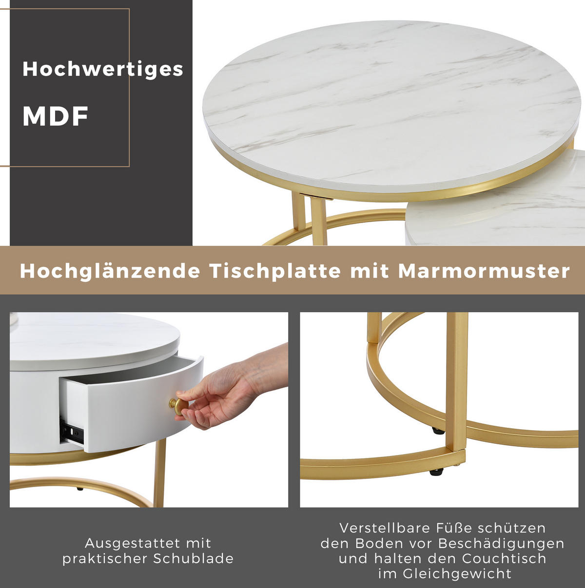 KONFERENČNÍ stolky z MDF 70x70x48/50x50x43,5 cm bílá sada 2 ks s mramorovým dekorem a zasouvacím designem - bílá, kompozitní dřevo (70/70/48cm) - Modfu