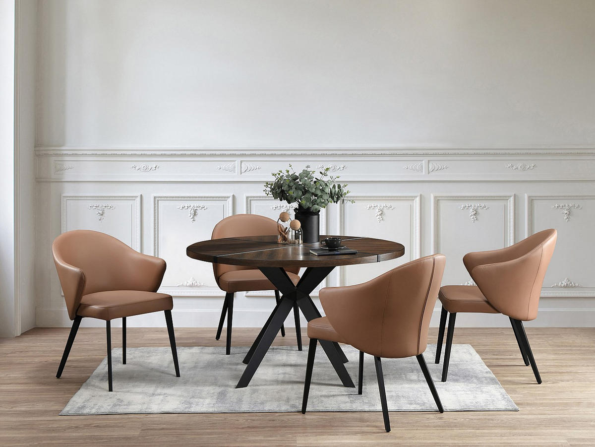 STUHL mit Armlehnen 2er-Set - Leder & schwarzer Stahl - Camelfarben - MIBELLY - Braun, Leder (62.5/84/58cm) - Vente-Unique