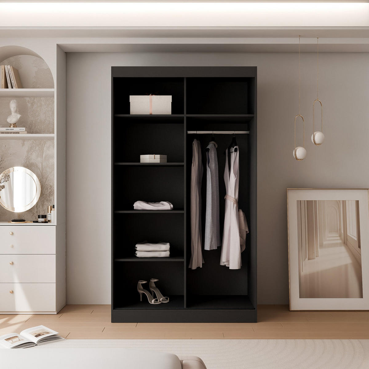 SCHWEBETÜRENSCHRANK CLARITY 2-türig 120/65/215 cm Schwarz / schwarze Griffe - Schwarz, Holzwerkstoff/Kunststoff (120/215/65cm) - Idohome