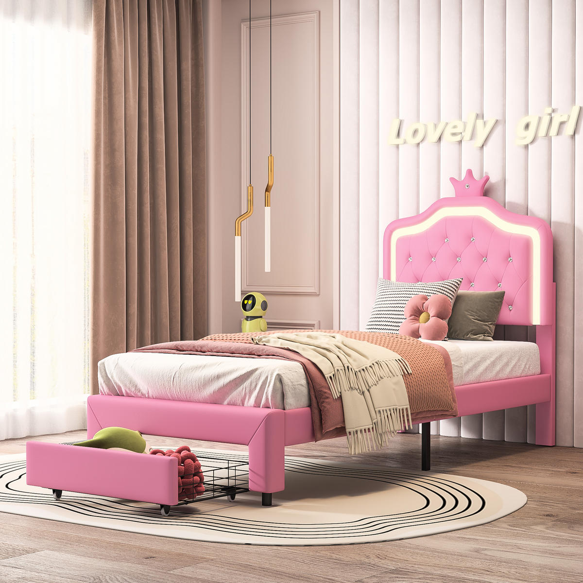 POLSTERBETT 90x200 cm, Rosa, mit LED-Leuchten & Schubladen - Rosa, Textil/Metall (90/200cm)