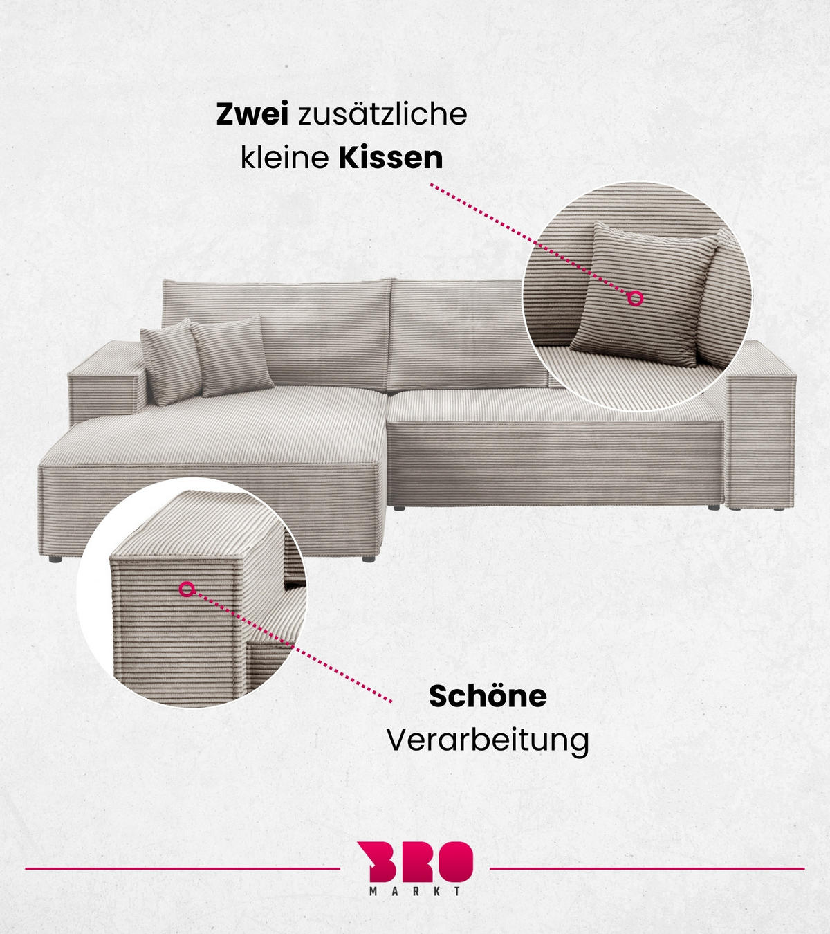 ECKSOFA Pablo mit Schlaffunktion Beige Cord - Beige, Textil (294/185cm) - Bromarkt