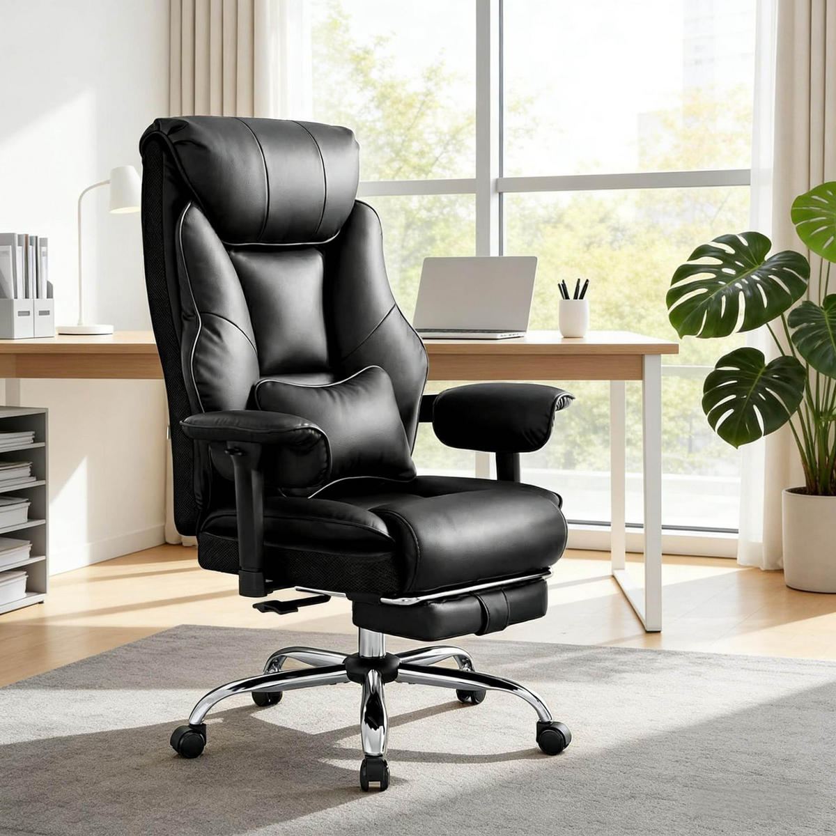 BÜROSTUHL ergonomisch höhenverstellbar Schwarz mit Fußlehne - Schwarz, Metall (77/125.5/35.5cm) - Meubliv