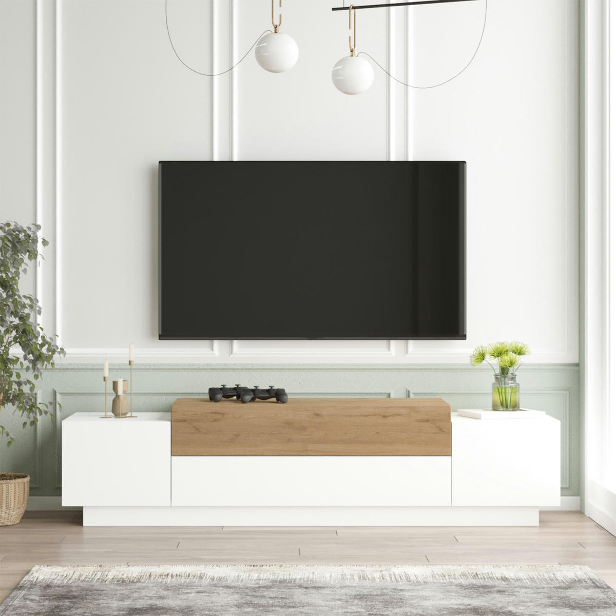 FERNSEHSCHRANK Firås - Eichefarben/Weiß, Holzwerkstoff (37.5/39/160cm) - [en.casa]