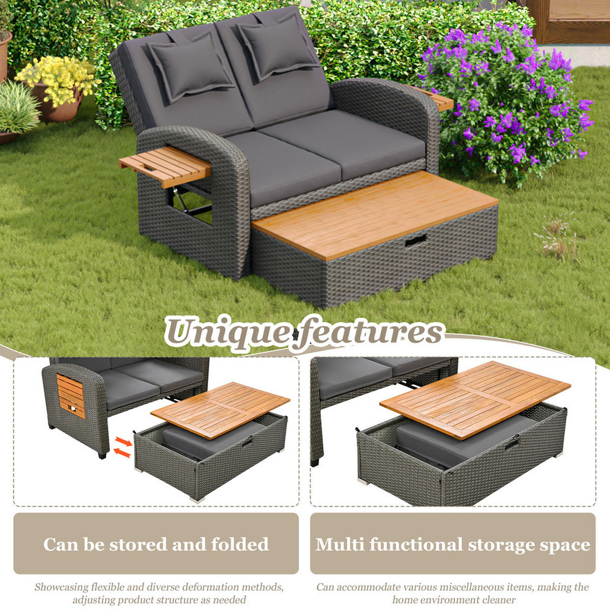 GARTENLOUNGE 2 Personen Grau Rattan verstellbar mit Hocker Kissen - Grau, Metall (53/29.21/84.8cm) - FLIEKS