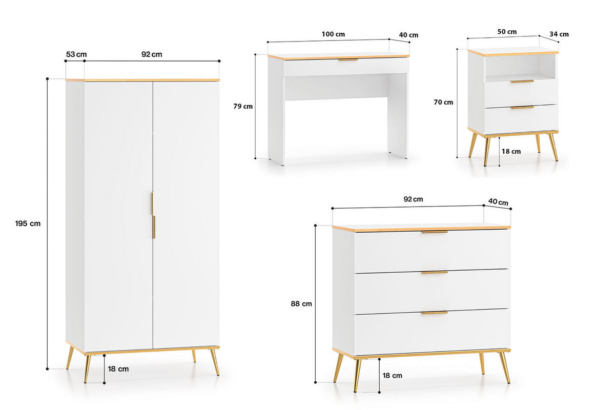 SCHLAFZIMMER-SET Viterbo Alpinweiß matt / goldfarben 5-teilig - Goldfarben/Weiß, Holz/Holzwerkstoff (100/195/53cm) - Feldmann-Wohnen
