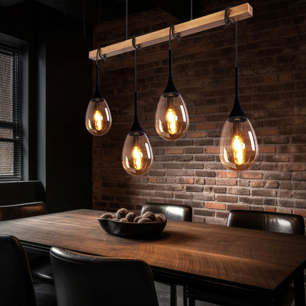 HÄNGELEUCHTE Holzoptik Schwarz 4-Flammig - Schwarz, Holz (92/12/120cm) - Globo Lighting