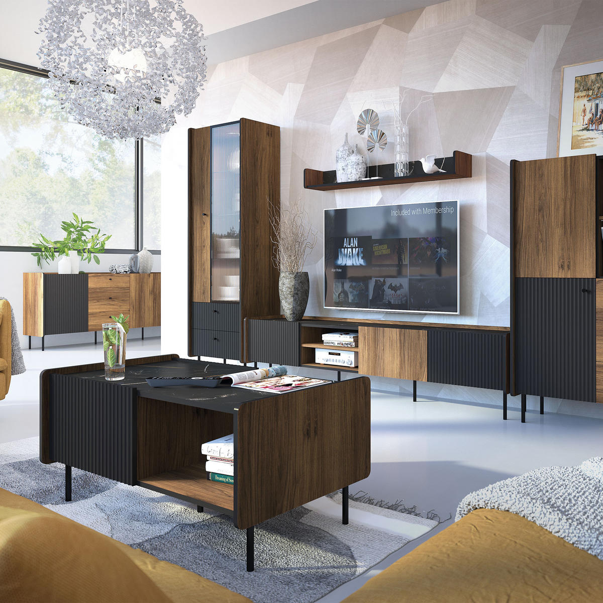 NACHTTISCH Piano mit 2 Schubladen, Mattschwarz + Warmia-Nussbaum - Dunkelbraun/Schwarz, Holzwerkstoff (42/50/40cm) - Beautysofa