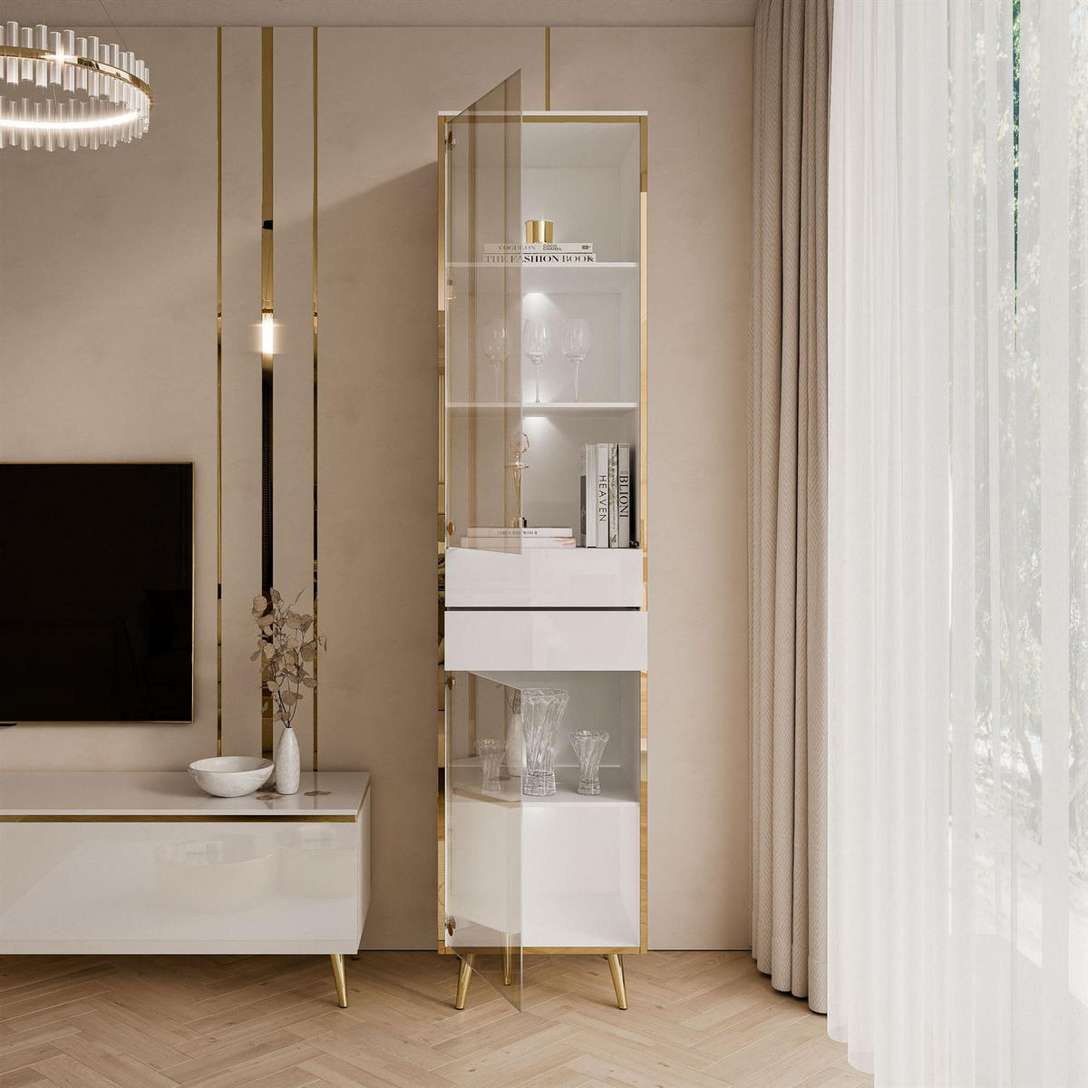 VITRINE AURORA in Weiß hochglanz mit LED-Beleuchtung mit schräge Goldchrom Fuße - Weiß Hochglanz/Goldfarben, Holzwerkstoff/Metall (45/194/40cm) - Lookway