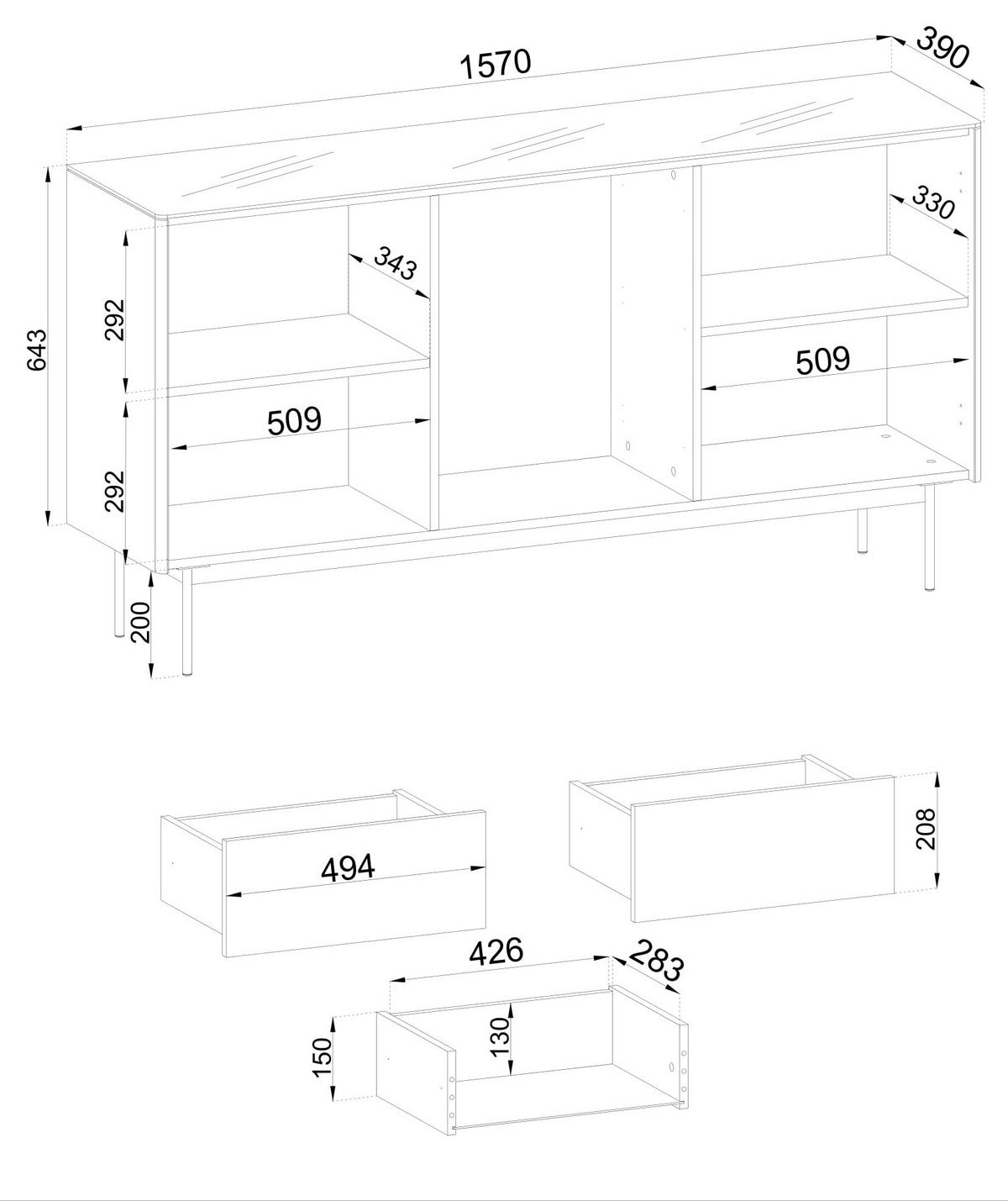 SIDEBOARD VELLUTO 157x39x84 cm mit 3 Schubladen und 2 Türen Kaschmir - Kaschmir, Holzwerkstoff (157/84/39cm) - MASSENO
