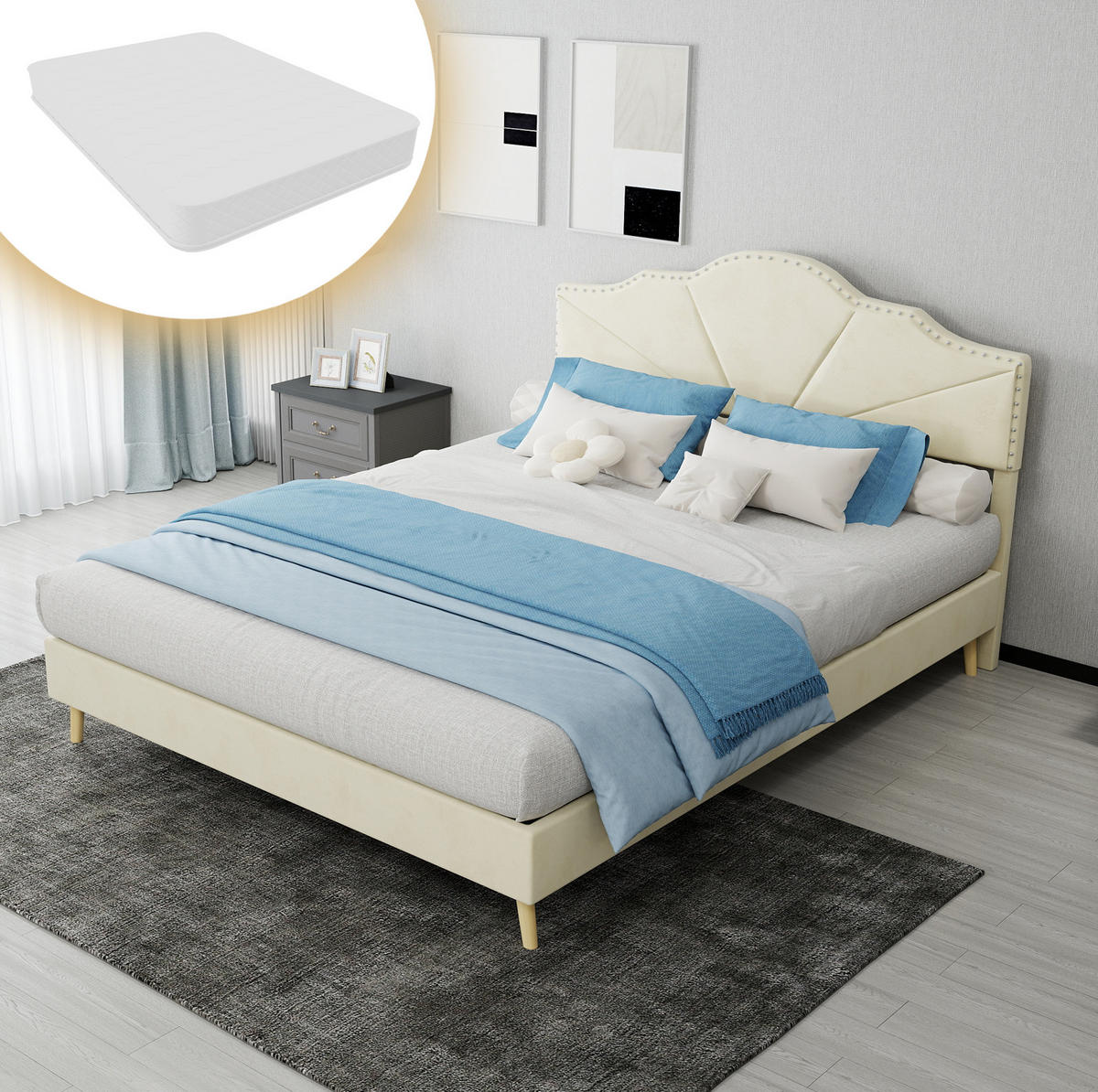 POLSTERBETT 140/200 cm mit Matratze, geometrischem Kopfteil und Lattenrost, Beige - Beige, Textil (140/200cm) - Redom