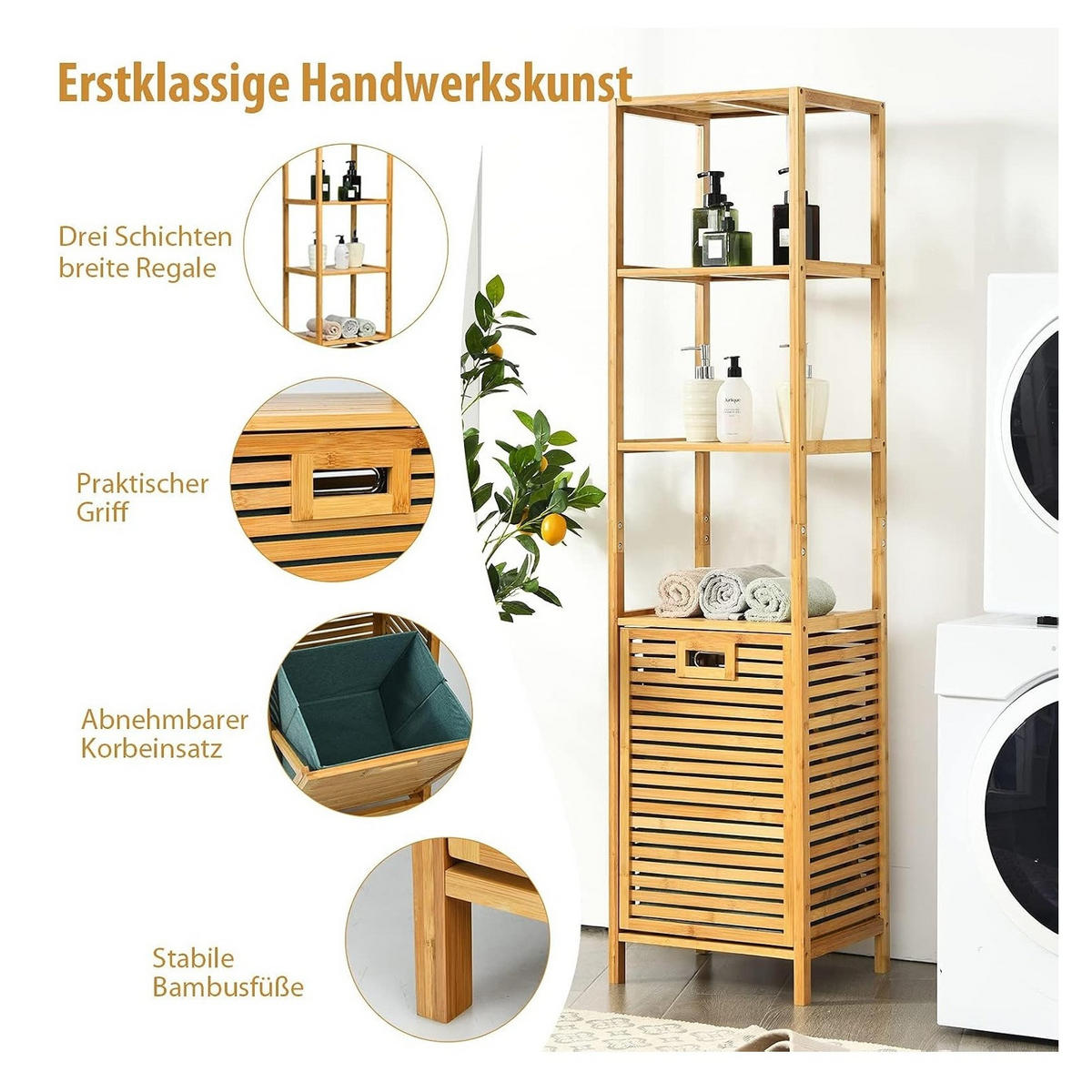 WÄSCHESCHRANK mit abnehmbarem Wäschesack & Griff natur - Naturfarben, Naturmaterialien (40/160/33cm) - COSTWAY