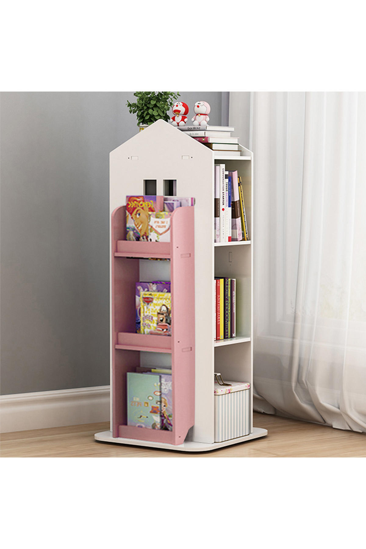 KINDERBÜCHERREGAL aus WPC-Platte in Weiß Rosa Drehbar Hausform Praktisch Sicher für Kinder 41 x 41 x 95 cm - Weiß/Rosa, Holzwerkstoff (41/96/41cm) - Livingandhome