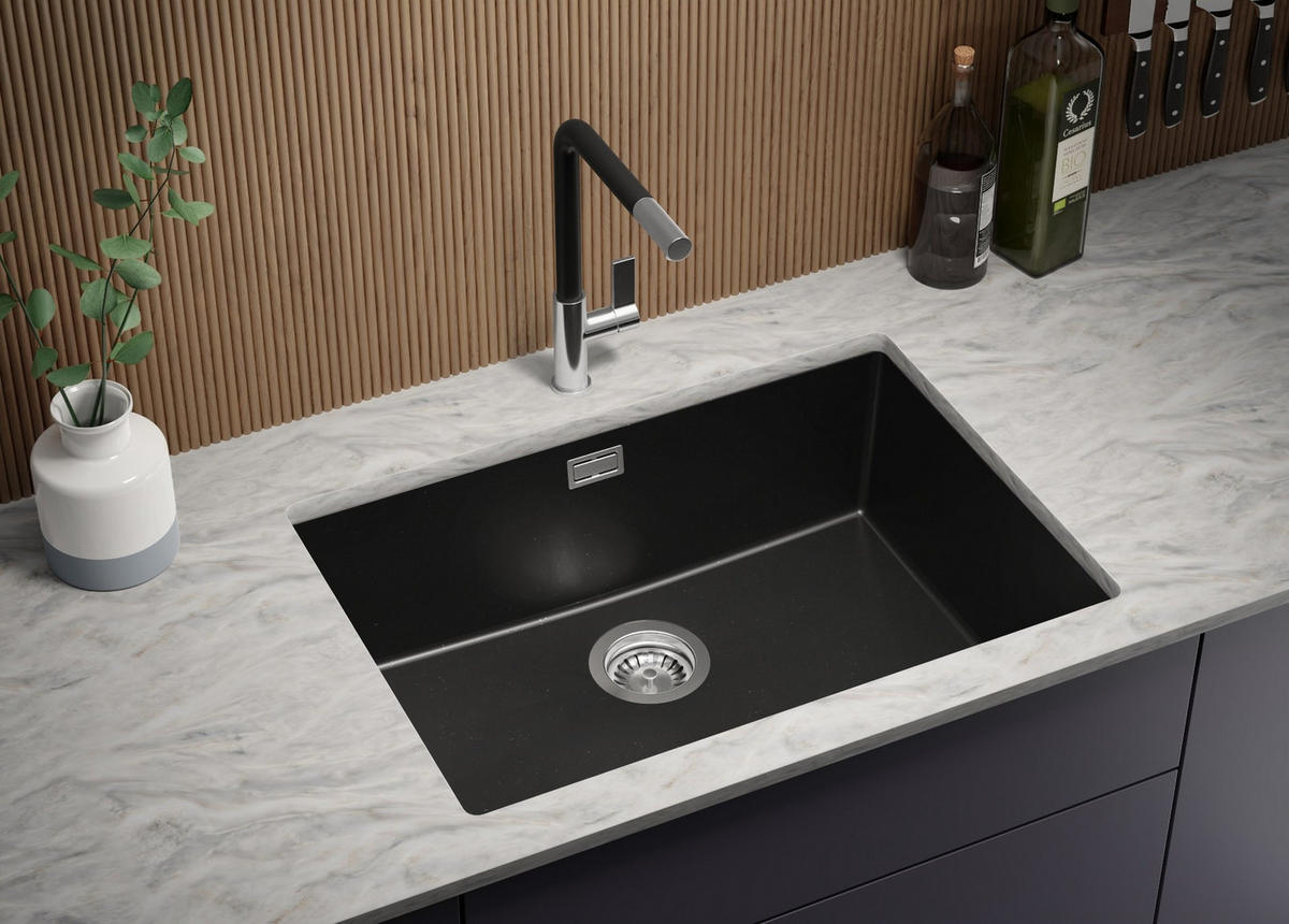 UNTERBAUSPÜLE GRANIT London, 2-er set Schwarz Metallic 66/47 cm 1 Becken + Ablauf-Set ab 70er Unterschrank - Chromfarben/Schwarz Hochglanz, Kunststoff (66/20/47cm) - Primagran