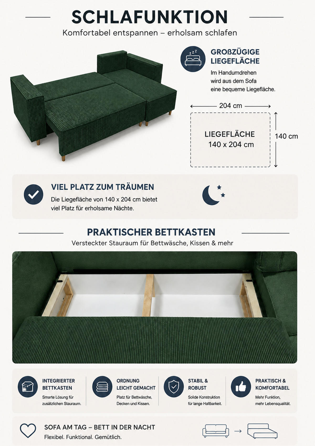 ECKSOFA mit Schlaffunktion und Bettkasten Rio, Ecksofa Cordstoff Grün, Ottomane Universal, 249x142 cm - Grün, Textil (249/142cm) - Marpur