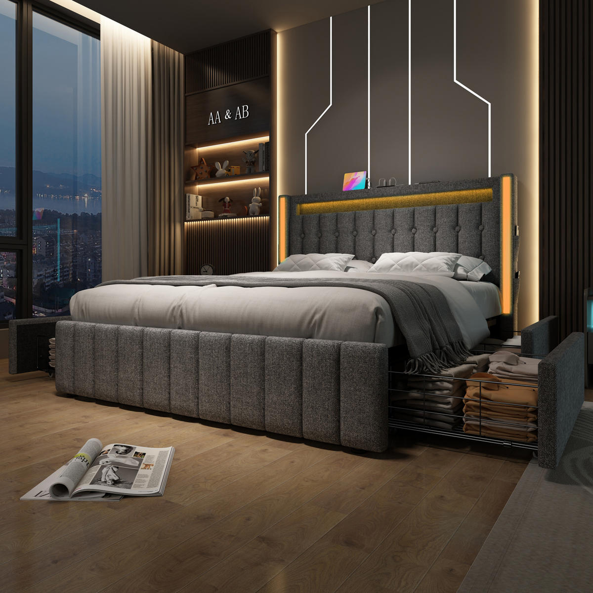 TAPECIRANI krevet od lanene tkanine 160x200 cm sivi s LED rasvjetom, USB-C priključkom, 4 ladice i madracem - siva, tekstil (160/200cm) - Modfu