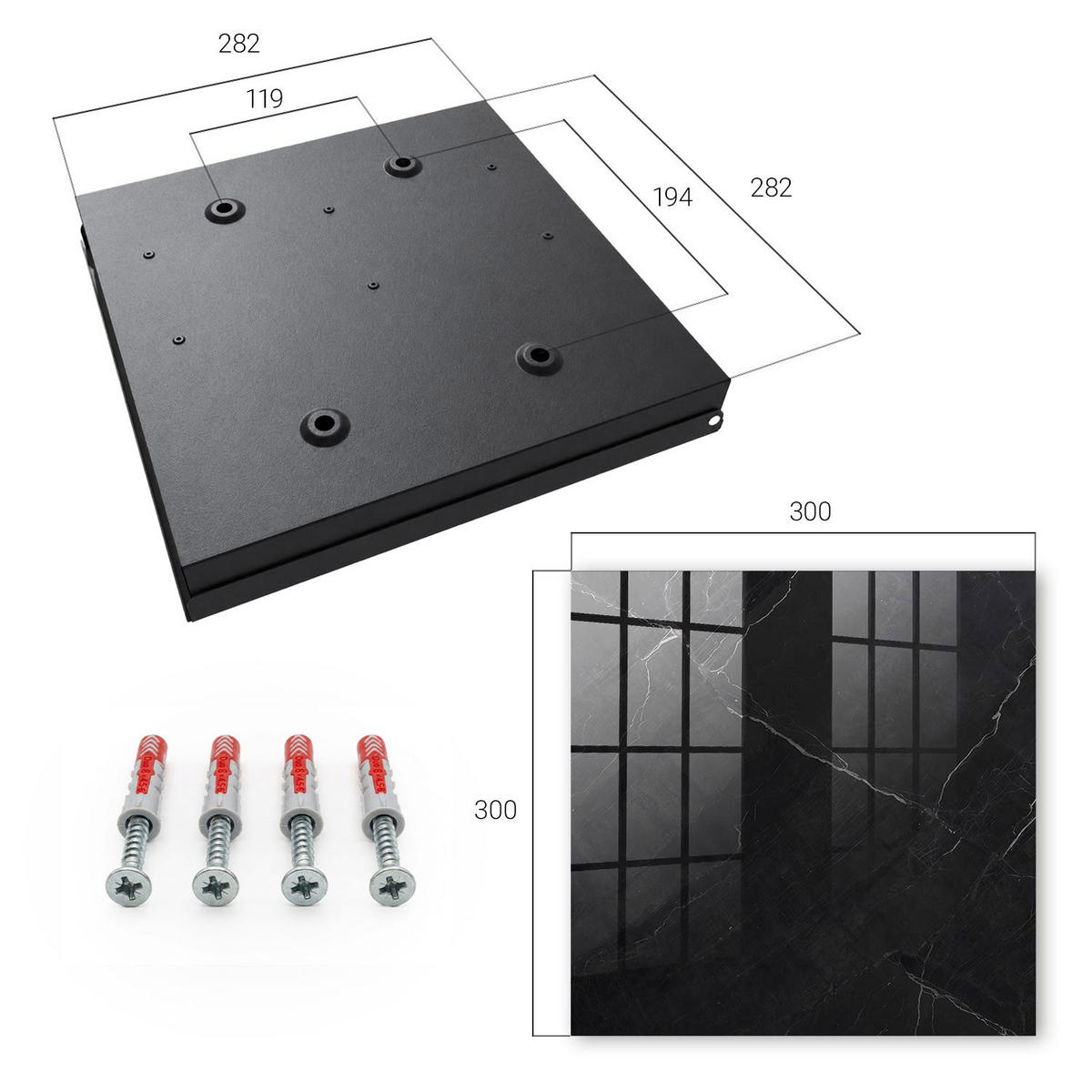 SCHLÜSSELBOX Schwarz 30x30 cm- Türöffnung nach rechts - Marmor schwarz - Schwarz, Metall (30/30/5cm) - TULUP